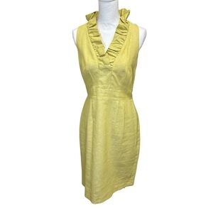 JUST TAYLOR Yellow Green Linen Dress Ruffle Neck Sleeveless Sheath Midi Size 12